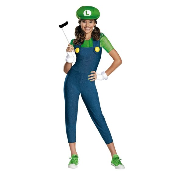 Luigi Girls Costume XL Mario Nintendo Halloween with Mustache Stick Hat Gloves - Picture 14 of 15